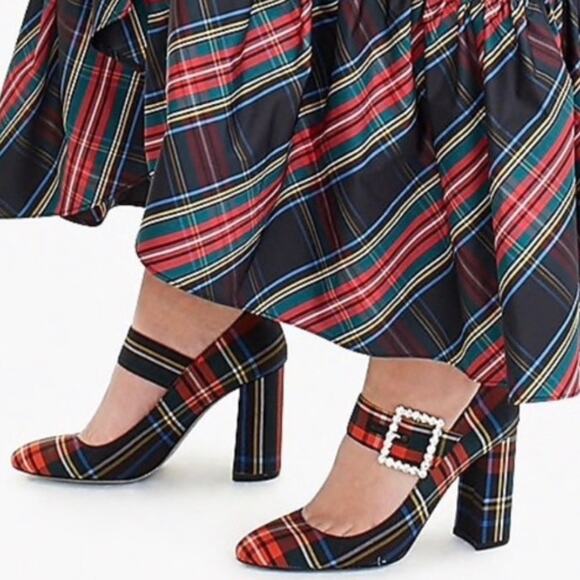 J. Crew Red Tartan Plaid Mary Jane Embellished Heels - Picture 2 of 11